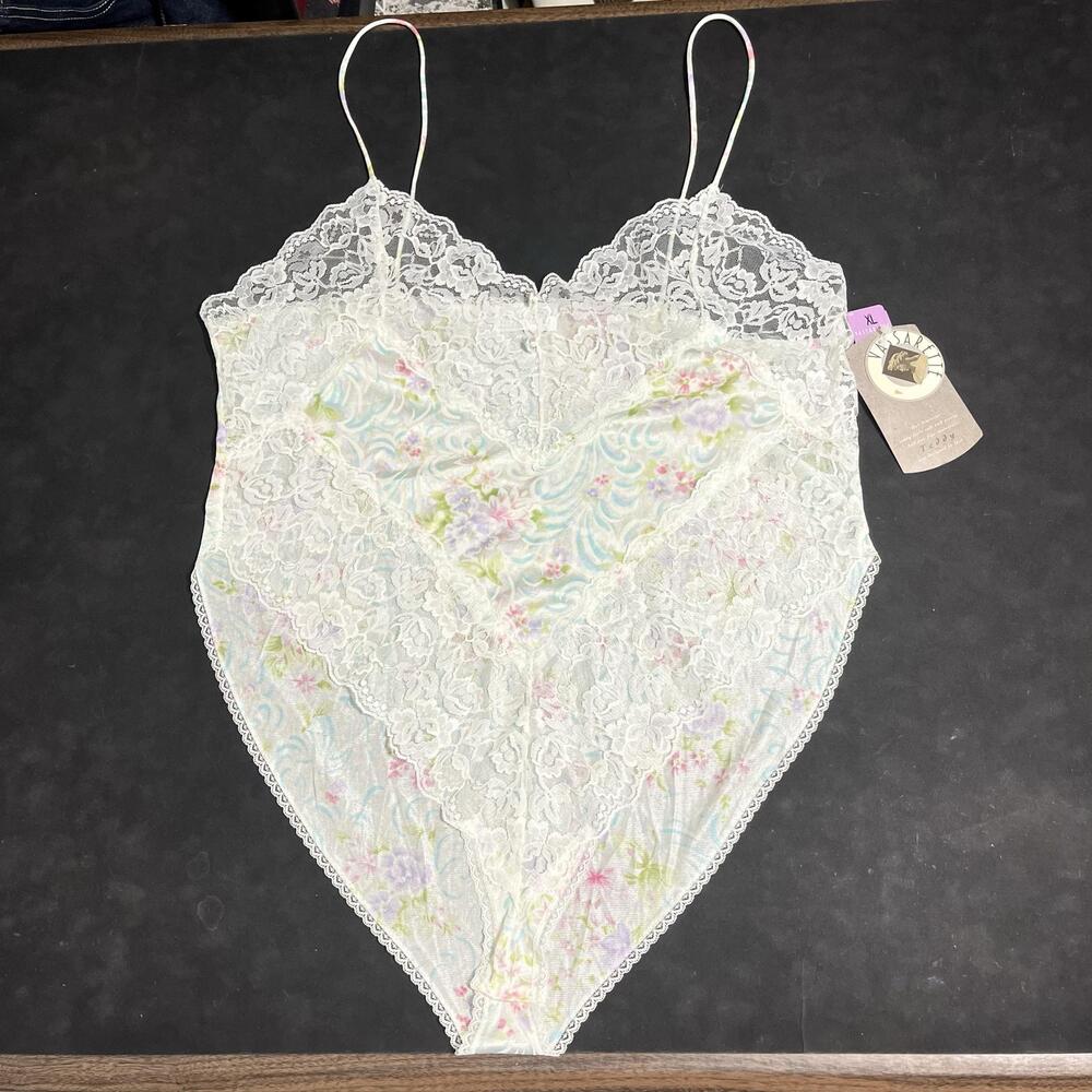 Vassarette Teddy Bodysuit Vintage floral Lace High Leg Sheer USA Romper Sz XL